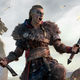 The female version of Assassin's Creed Valhalla protagonist Eivor standing with two axes in the middle of a battlefield.
